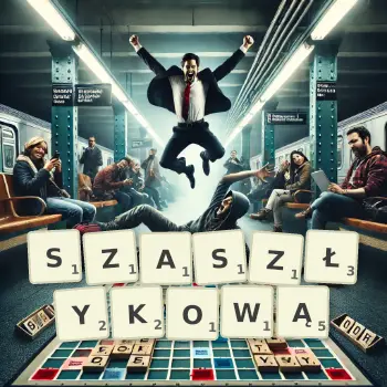 Kreatywna ilustracja do gry w Scrabble ze słowem SZASZŁYKOWĄ ułożonym z płytek na planszy.