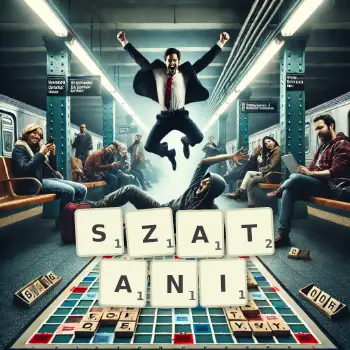 Kreatywna ilustracja do gry w Scrabble ze słowem SZATANI ułożonym z płytek na planszy.