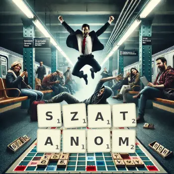Kreatywna ilustracja do gry w Scrabble ze słowem SZATANOM ułożonym z płytek na planszy.