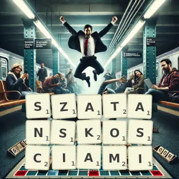 Kreatywna ilustracja do gry w Scrabble ze słowem SZATANSKOSCIAMI ułożonym z płytek na planszy.