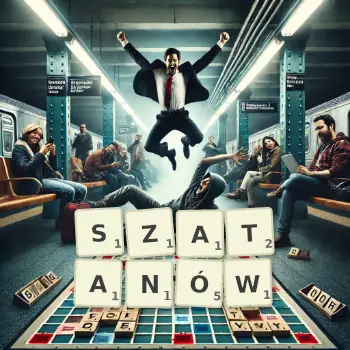 Kreatywna ilustracja do gry w Scrabble ze słowem SZATANÓW ułożonym z płytek na planszy.