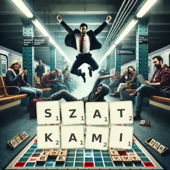 Kreatywna ilustracja do gry w Scrabble ze słowem SZATKAMI ułożonym z płytek na planszy.