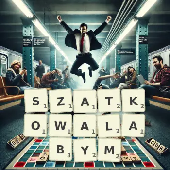 Kreatywna ilustracja do gry w Scrabble ze słowem SZATKOWALABYM ułożonym z płytek na planszy.