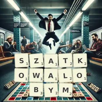 Kreatywna ilustracja do gry w Scrabble ze słowem SZATKOWALOBYM ułożonym z płytek na planszy.