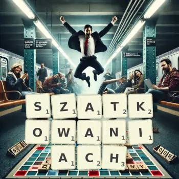 Kreatywna ilustracja do gry w Scrabble ze słowem SZATKOWANIACH ułożonym z płytek na planszy.
