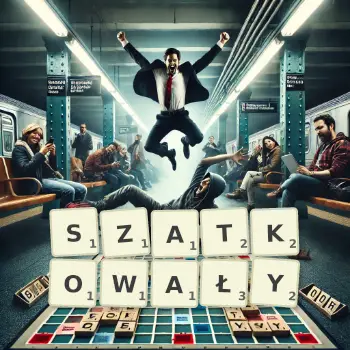 Kreatywna ilustracja do gry w Scrabble ze słowem SZATKOWAŁY ułożonym z płytek na planszy.