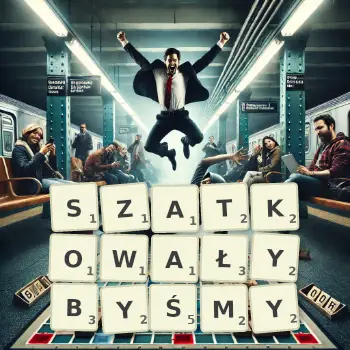 Kreatywna ilustracja do gry w Scrabble ze słowem SZATKOWAŁYBYŚMY ułożonym z płytek na planszy.