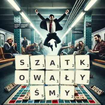 Kreatywna ilustracja do gry w Scrabble ze słowem SZATKOWAŁYŚMY ułożonym z płytek na planszy.