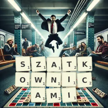 Kreatywna ilustracja do gry w Scrabble ze słowem SZATKOWNICAMI ułożonym z płytek na planszy.