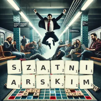Kreatywna ilustracja do gry w Scrabble ze słowem SZATNIARSKIM ułożonym z płytek na planszy.