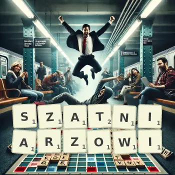 Kreatywna ilustracja do gry w Scrabble ze słowem SZATNIARZOWI ułożonym z płytek na planszy.