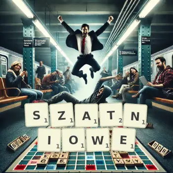 Kreatywna ilustracja do gry w Scrabble ze słowem SZATNIOWE ułożonym z płytek na planszy.