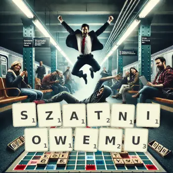 Kreatywna ilustracja do gry w Scrabble ze słowem SZATNIOWEMU ułożonym z płytek na planszy.