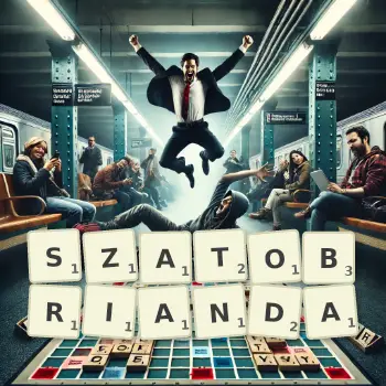 Kreatywna ilustracja do gry w Scrabble ze słowem SZATOBRIANDA ułożonym z płytek na planszy.