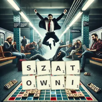 Kreatywna ilustracja do gry w Scrabble ze słowem SZATOWNI ułożonym z płytek na planszy.