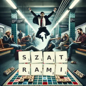 Kreatywna ilustracja do gry w Scrabble ze słowem SZATRAMI ułożonym z płytek na planszy.