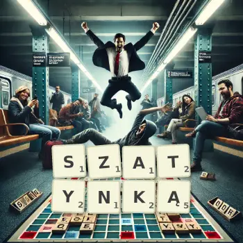 Kreatywna ilustracja do gry w Scrabble ze słowem SZATYNKĄ ułożonym z płytek na planszy.