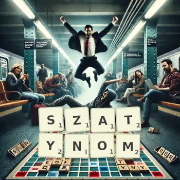 Kreatywna ilustracja do gry w Scrabble ze słowem SZATYNOM ułożonym z płytek na planszy.