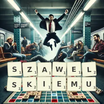 Kreatywna ilustracja do gry w Scrabble ze słowem SZAWELSKIEMU ułożonym z płytek na planszy.