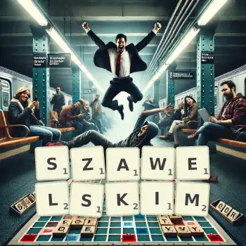 Kreatywna ilustracja do gry w Scrabble ze słowem SZAWELSKIM ułożonym z płytek na planszy.