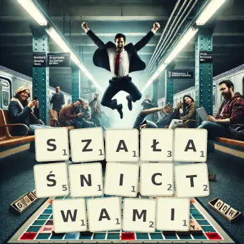 Kreatywna ilustracja do gry w Scrabble ze słowem SZAŁAŚNICTWAMI ułożonym z płytek na planszy.