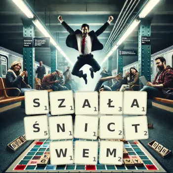 Kreatywna ilustracja do gry w Scrabble ze słowem SZAŁAŚNICTWEM ułożonym z płytek na planszy.