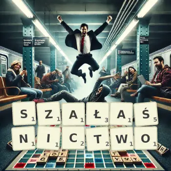 Kreatywna ilustracja do gry w Scrabble ze słowem SZAŁAŚNICTWO ułożonym z płytek na planszy.