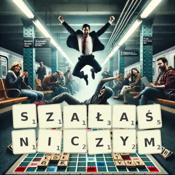 Kreatywna ilustracja do gry w Scrabble ze słowem SZAŁAŚNICZYM ułożonym z płytek na planszy.