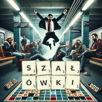 Kreatywna ilustracja do gry w Scrabble ze słowem SZAŁÓWKI ułożonym z płytek na planszy.
