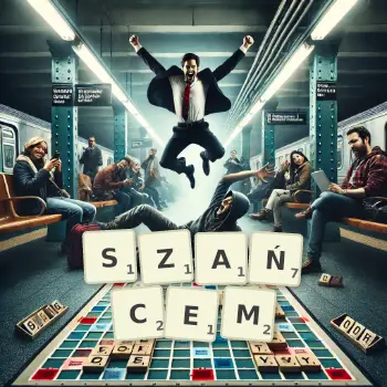 Kreatywna ilustracja do gry w Scrabble ze słowem SZAŃCEM ułożonym z płytek na planszy.