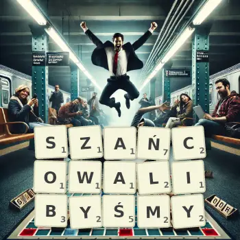 Kreatywna ilustracja do gry w Scrabble ze słowem SZAŃCOWALIBYŚMY ułożonym z płytek na planszy.