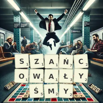 Kreatywna ilustracja do gry w Scrabble ze słowem SZAŃCOWAŁYŚMY ułożonym z płytek na planszy.