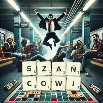 Kreatywna ilustracja do gry w Scrabble ze słowem SZAŃCOWI ułożonym z płytek na planszy.