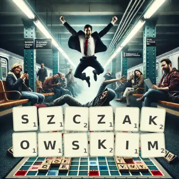 Kreatywna ilustracja do gry w Scrabble ze słowem SZCZAKOWSKIM ułożonym z płytek na planszy.