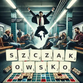 Kreatywna ilustracja do gry w Scrabble ze słowem SZCZAKOWSKO ułożonym z płytek na planszy.