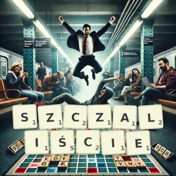 Kreatywna ilustracja do gry w Scrabble ze słowem SZCZALIŚCIE ułożonym z płytek na planszy.