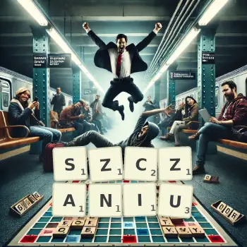 Kreatywna ilustracja do gry w Scrabble ze słowem SZCZANIU ułożonym z płytek na planszy.