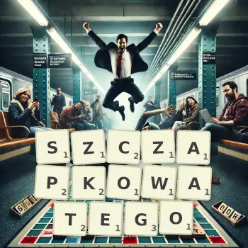 Kreatywna ilustracja do gry w Scrabble ze słowem SZCZAPKOWATEGO ułożonym z płytek na planszy.