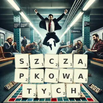 Kreatywna ilustracja do gry w Scrabble ze słowem SZCZAPKOWATYCH ułożonym z płytek na planszy.