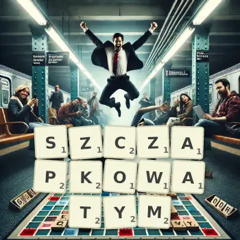 Kreatywna ilustracja do gry w Scrabble ze słowem SZCZAPKOWATYM ułożonym z płytek na planszy.
