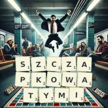 Kreatywna ilustracja do gry w Scrabble ze słowem SZCZAPKOWATYMI ułożonym z płytek na planszy.