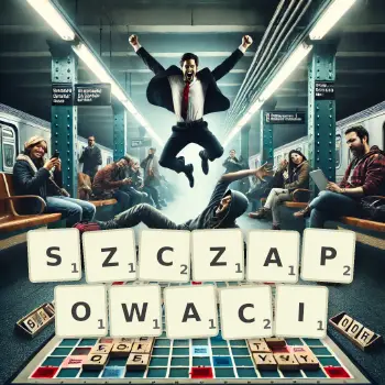 Kreatywna ilustracja do gry w Scrabble ze słowem SZCZAPOWACI ułożonym z płytek na planszy.