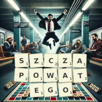 Kreatywna ilustracja do gry w Scrabble ze słowem SZCZAPOWATEGO ułożonym z płytek na planszy.