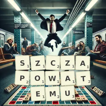 Kreatywna ilustracja do gry w Scrabble ze słowem SZCZAPOWATEMU ułożonym z płytek na planszy.