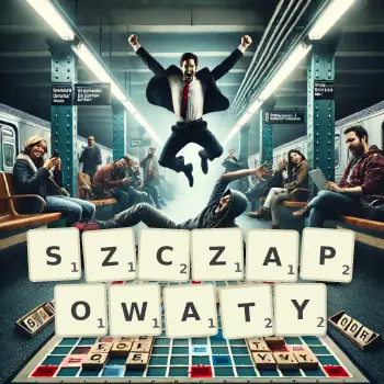 Kreatywna ilustracja do gry w Scrabble ze słowem SZCZAPOWATY ułożonym z płytek na planszy.