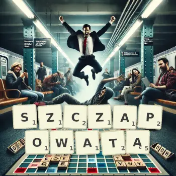 Kreatywna ilustracja do gry w Scrabble ze słowem SZCZAPOWATĄ ułożonym z płytek na planszy.