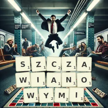Kreatywna ilustracja do gry w Scrabble ze słowem SZCZAWIANOWYMI ułożonym z płytek na planszy.