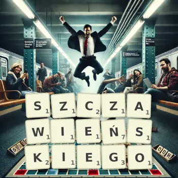 Kreatywna ilustracja do gry w Scrabble ze słowem SZCZAWIEŃSKIEGO ułożonym z płytek na planszy.