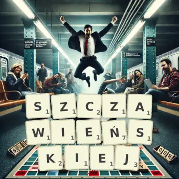 Kreatywna ilustracja do gry w Scrabble ze słowem SZCZAWIEŃSKIEJ ułożonym z płytek na planszy.