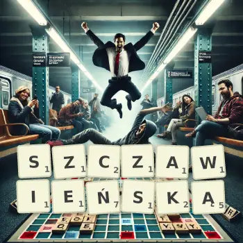 Kreatywna ilustracja do gry w Scrabble ze słowem SZCZAWIEŃSKĄ ułożonym z płytek na planszy.